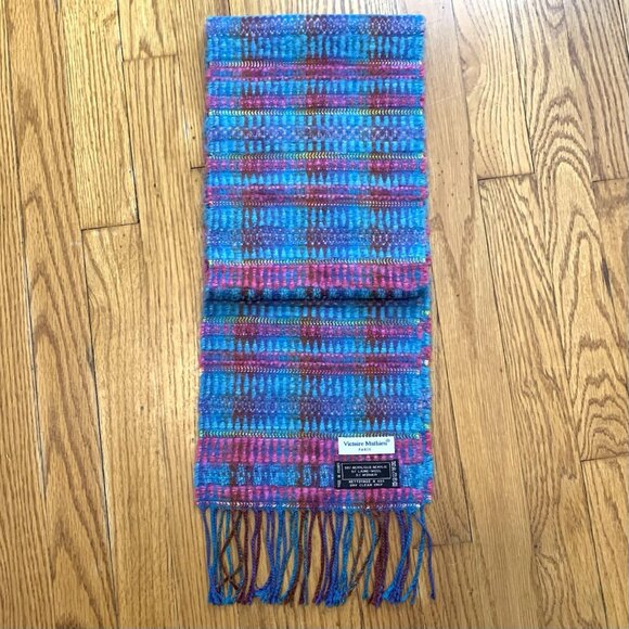 VICTOIRE MATHIEU Paris VTG Pink/Blue Soft Wool/Mohair Blended Scarf w/ Fringe - Picture 2 of 3